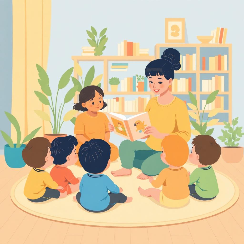 Illustration of an IBC Daycare teacher reading a story to a circle of engaged children