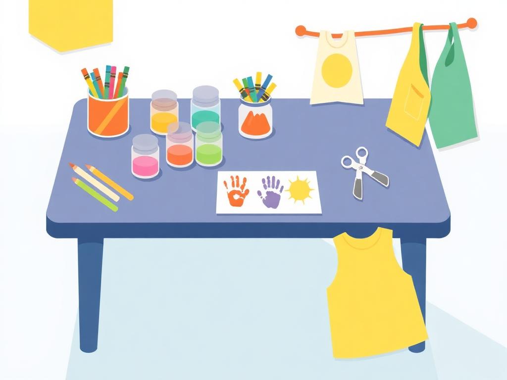 Illustration of a children's art table with paints, crayons and handprint artwork