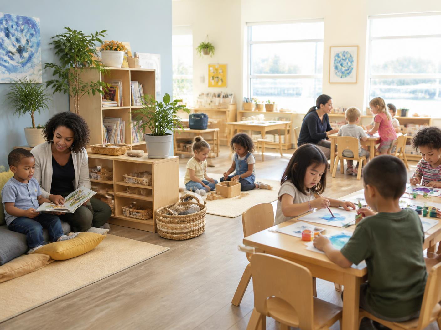 Wide view of a bright daycare classroom with children reading, painting and playing at different learning centers