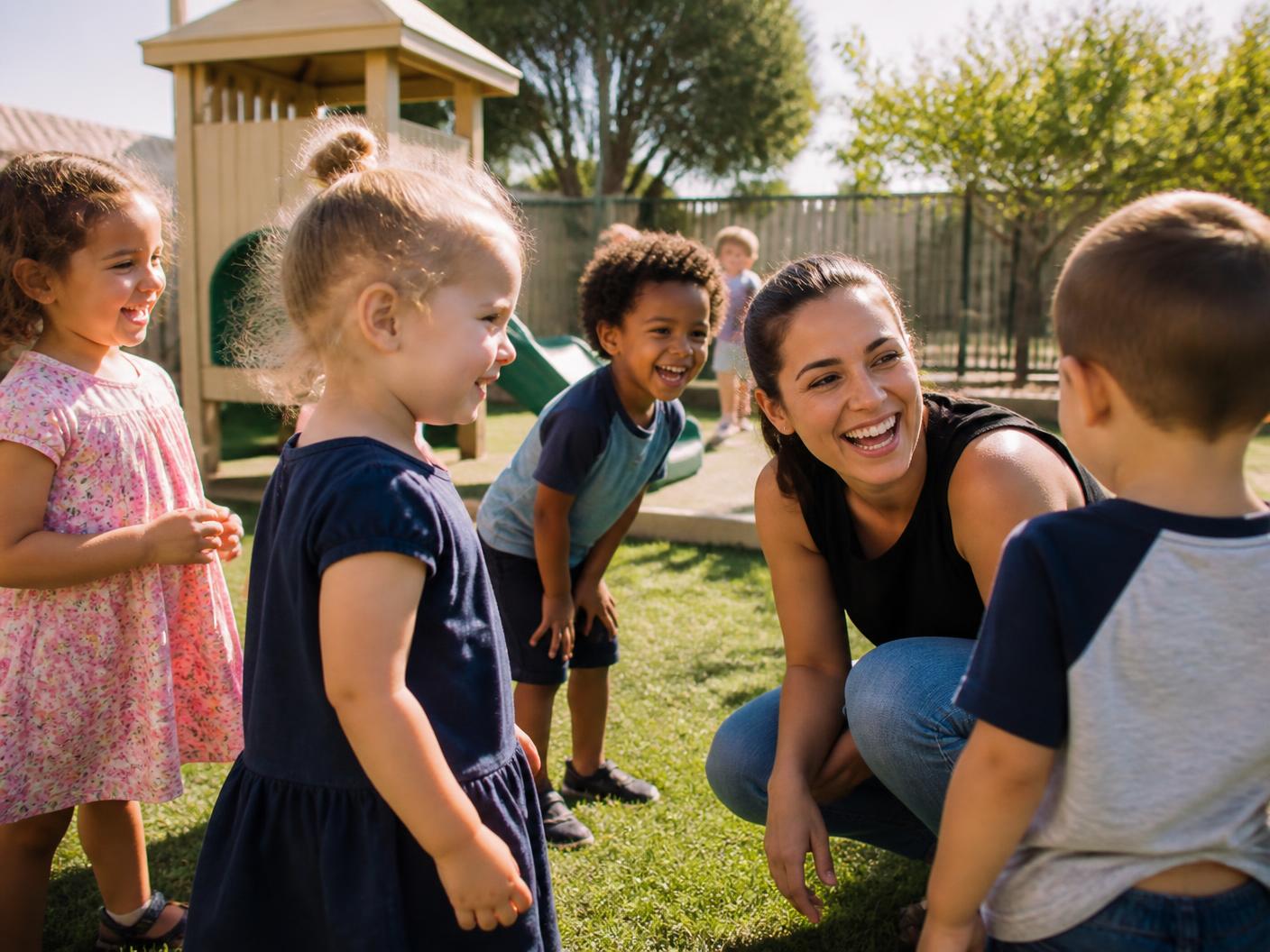 Children playing outdoors on a fenced playground while a teacher crouches at their eye level