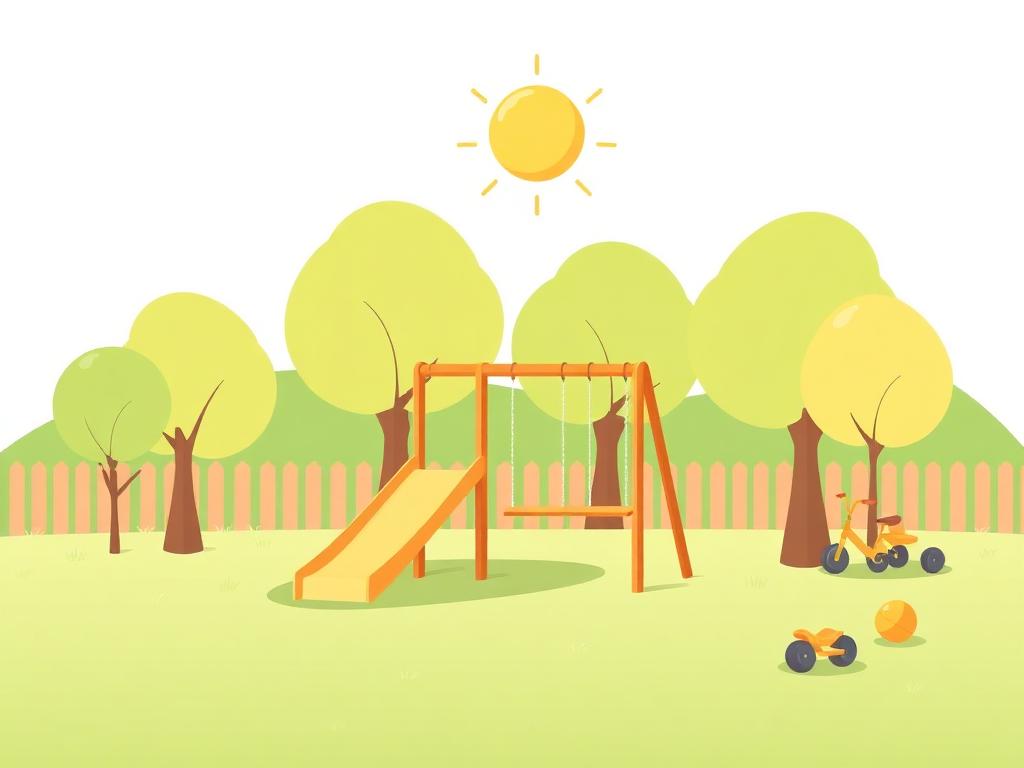 Illustration of a sunny daycare playground with a slide, swings and trees